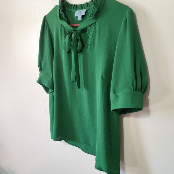 CeCe Green Ruffle Tie Neck Blouse Womens Medium Puff Sleeve Lightweight Top - Picture 2 of 8